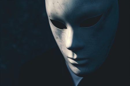 A masked business person presents a hidden and threatening persona.
