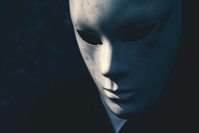 A masked business person presents a hidden and threatening persona.