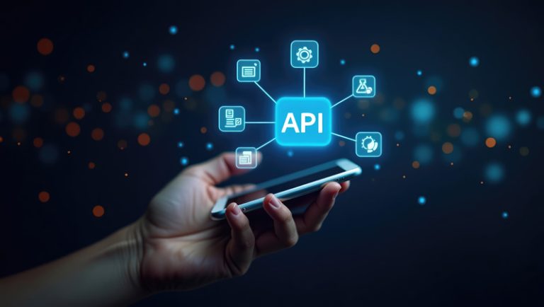 Mobile phones and APIs - Resilience Forward A hand holding a smartphone displays holographic icons linked to technology symbols set against an abstract background. Represents integration of online data and the concept of modern business.