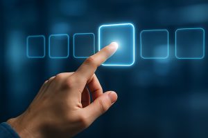 choose to act - Resilience Forward A hand pointing at a button, choosing to act.