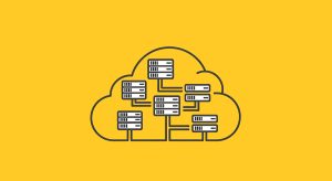 Line drawing of cloud computing network with various servers connected inside a cloud shape outline design.