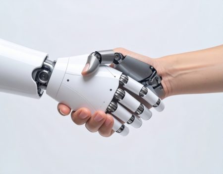 A robot hand shakes a human hand which starts to morph with the thumb becoming robotic.