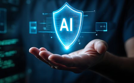 Governance resources: AI in the Workplace Governance Policy Template A hand holds a glowing blue shield containing the letters AI.