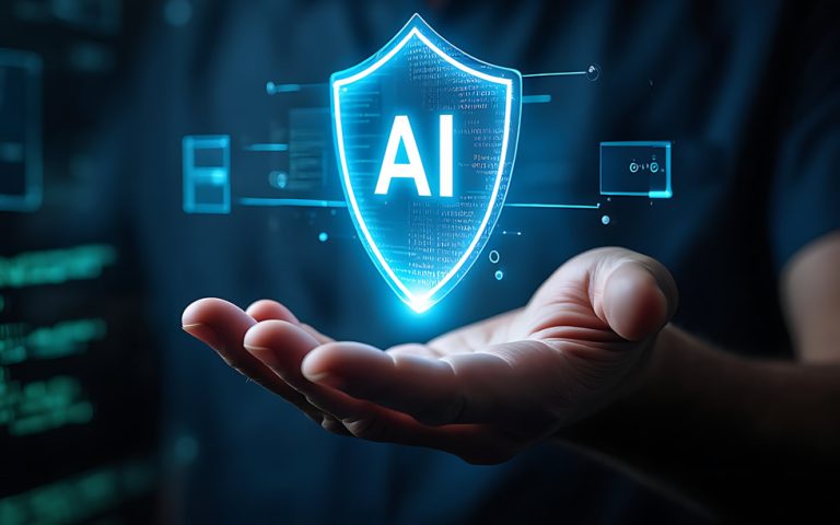 A hand holds a glowing blue shield containing the letters AI.