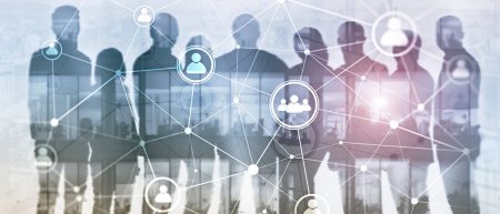 Why insurers and brokers need smarter resourcing resilience strategies A group of people in the background with imagery relating to interconnectivity in the foreground.