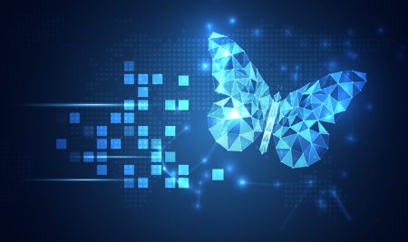 A digital butterfly emerging, illustrating the concept of digital transformation.