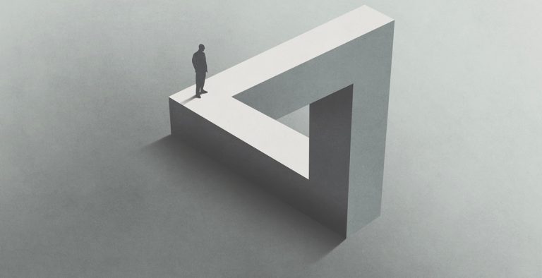 A man walks on an impossible Escher-style triangle.