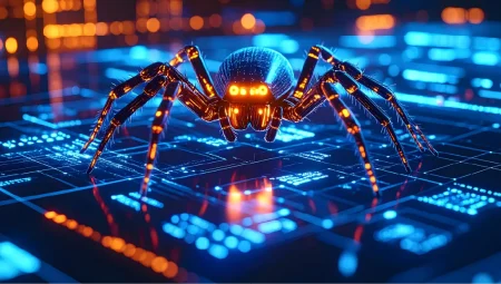 A digital spider on a glowing digital surface.