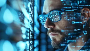 Cyber response - Resilience Forward A man wearing glasses which reflect digital information from various screens.
