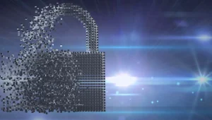 An exploding digital padlock illustrates the requirement for post-quantum cryptography.