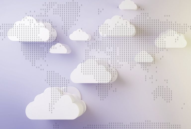 Sovereign cloud concept - a digital map of the world is overlaid with multiple cloud icons of different sizes.