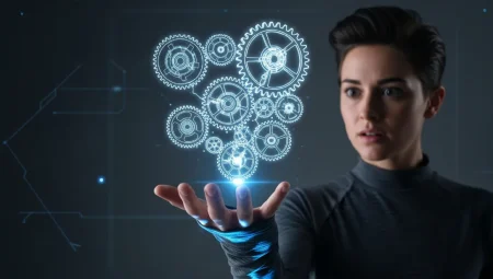 Beyond plans and protocols: why systems thinking is the missing link in organizational resilience A woman presents a holographic display of interconnected gears showing the concept of systems thinking