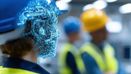 A digital wireframe face overlaid on a worker wearing a safety helmet, highlighting the integration of technology in industrial environments.