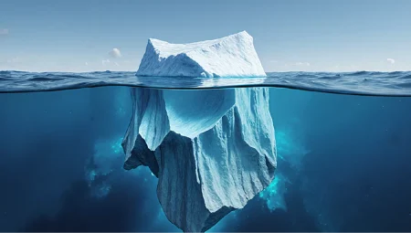 An iceberg seen from the side with a small proportion showing above the surface of the water and a much larger proportion hidden underneath