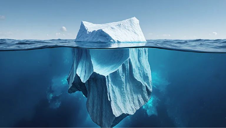 Under the surface - Resilience Forward An iceberg seen from the side with a small proportion showing above the surface of the water and a much larger proportion hidden underneath