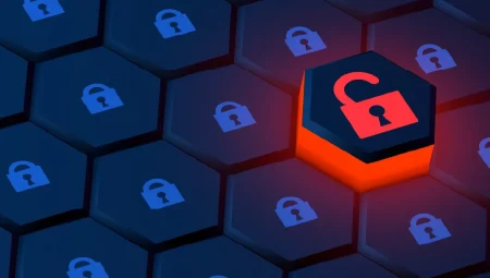 A series of hexagons on a dark background, each with a blue locked padlock. A single unlocked padlock is raised up and has a red unlocked padlock.