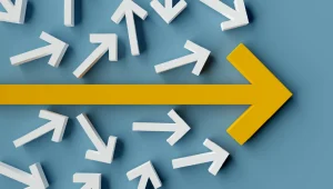 next generation - Resilience Forward Many arrows pointing in different directions with one yellow arrow showing main direction over blue background.