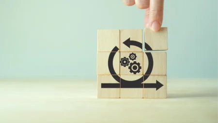 putting resilience basics in place - Resilience Forward A hand places a wooden block onto a stack of blocks forming a circular process symbol with gears and arrows, representing the building of resilient, iterative IT systems and operational foundations.