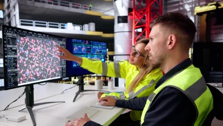 Industrial engineers overseeing SCADA panels.