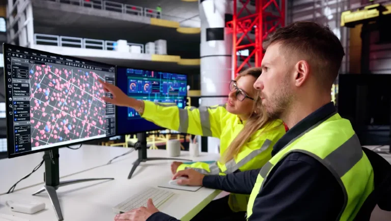 Industrial engineers overseeing SCADA panels.