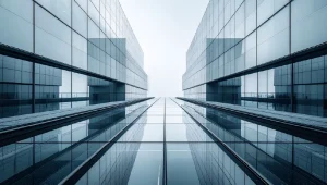 A corporate building is reflected in a slightly distorted way.