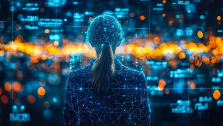 AI-driven transformation is the biggest current organizational security challenge A business woman viewed from behind - she is outlined in digital lines and is looking out towards the future.