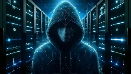 A hooded figure standing amidst rows of servers, symbolizing the enigmatic and pervasive presence of cybersecurity threats in the digital age.