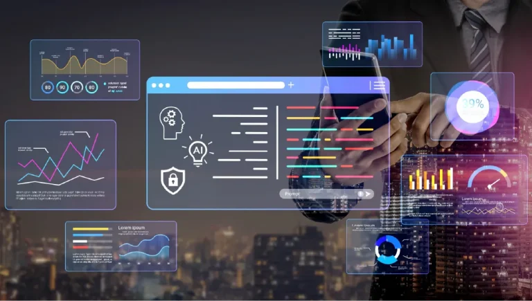 Digital analytics interface with graphs and charts for data analysis.