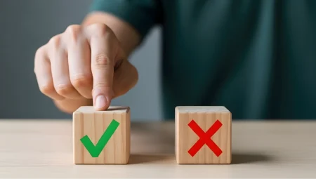 Academic research highlights why relying on AI may lead to poor decision-making A person chooses between two blocks, on marked with a green tick and one with a red cross.