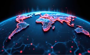 Global warming concept - a map of the world highlighted with flames.