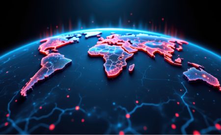 Global warming concept - a map of the world highlighted with flames.