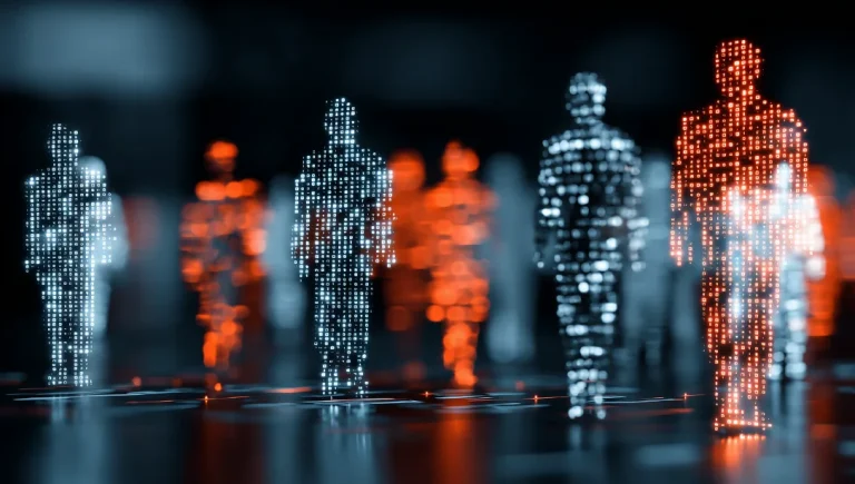 Digital human identities composed of data figures representing workforce transformation.