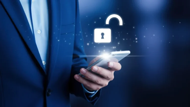 MFA insecurity concept: man holding phone with open lock icon.