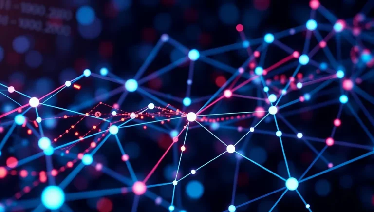 Abstract data stream flowing through interconnected nodes; binary code and AI algorithm visualized in background, circuit, technology background.