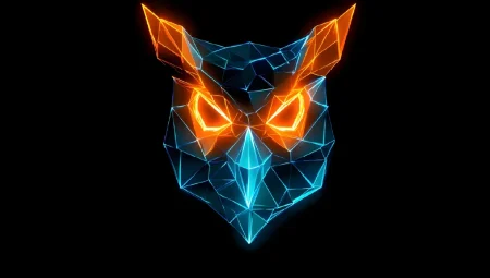 Cyber owl logo in low-poly geometric style with glowing orange and cyan lights. The image illustrates the concept of the emerging threat that quantum computing brings.
