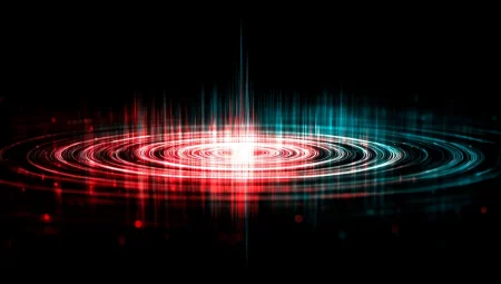 Concentric circles rippling out from a central point. Red colours on a black background.