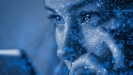 A woman using a smartphone, with global AI network and social media icons in the background.
