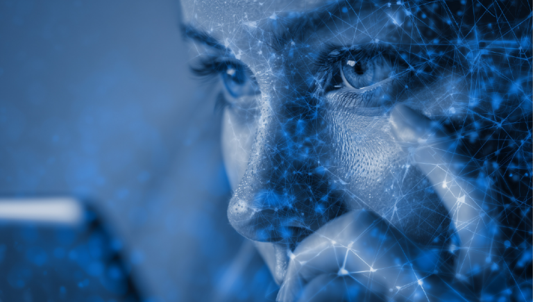 AI use - Resilience Forward A woman using a smartphone, with global AI network and social media icons in the background.