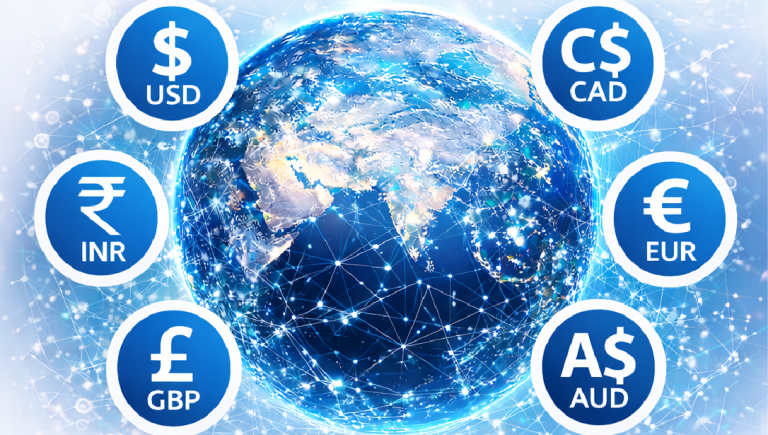 Compensation report cover - the globe circled by various currency symbols.