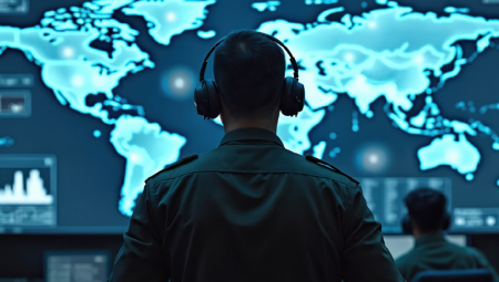 Cyber warfare threats are at a ‘global tipping point’ Soldiers in control room analyse data using high tech systems.