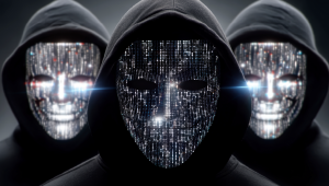 Three cybercriminals wearing digital masks.