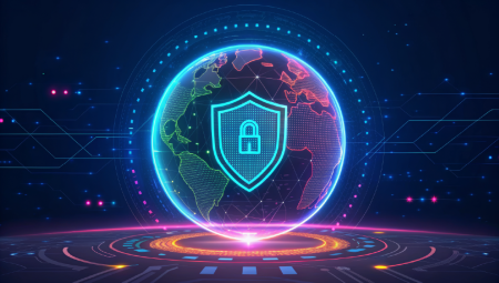 Digital security concept with glowing globe and shield lock symbol representing digital sovereignty and protection in technology.