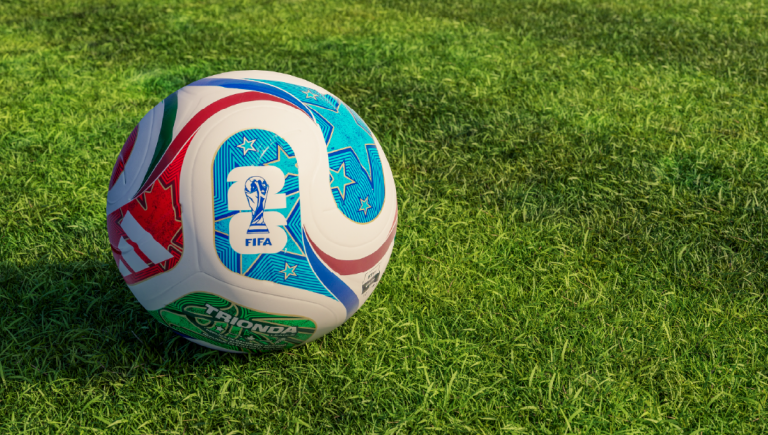 A FIFA World Cup football on a grass pitch.