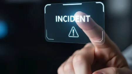 A finger presses a button to start an incident report.