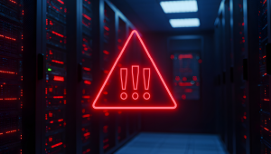 Red triangle warning in server room symbolizes disaster recovery alert.