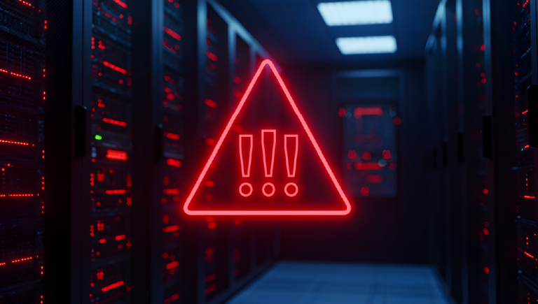 Red triangle warning in server room symbolizes disaster recovery alert.