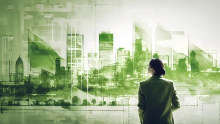 A female planner looks at a green and resilient plan for an urban environment.