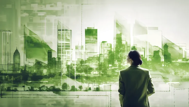 Climate resilient critical infrastructure. - Resilience Forward A female planner looks at a green and resilient plan for an urban environment.