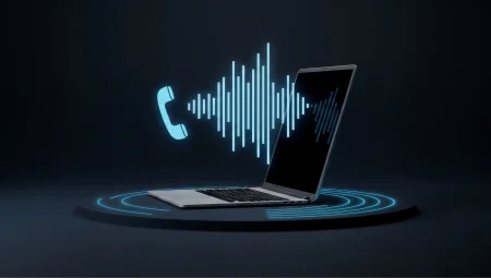 Digital Deepfake Illustration Depicting Laptop and Phone Call Waveform Against Dark Background.