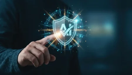 A finger points to the words AI surrounded by a shield with a tick in the middle, indicating a board member taking AI governance seriously.